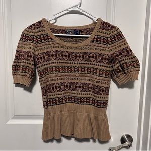 American Living Tan Knit Multicolored Short Sleeve Frilly Poofy Sweater